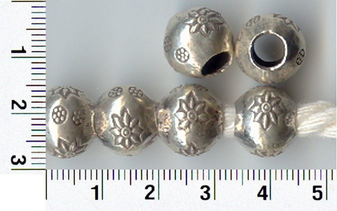 Thai Karen Hill Tribe Silver Beads Flower Printed Round Bead BL051 (10 Beads)